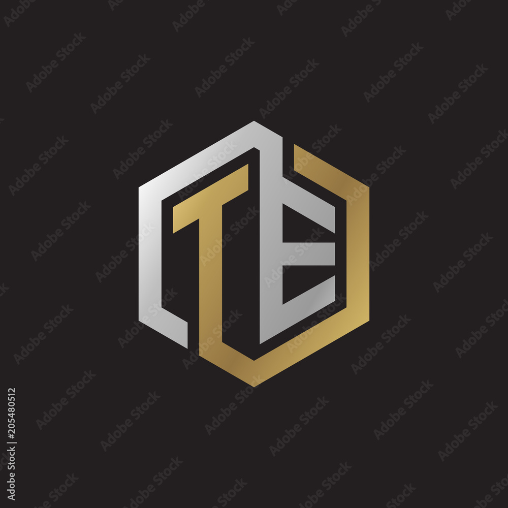 Initial letter TE, looping line, hexagon shape logo, silver gold color on black background Initial letter TE, looping line, hexagon shape logo, silver gold color on black background