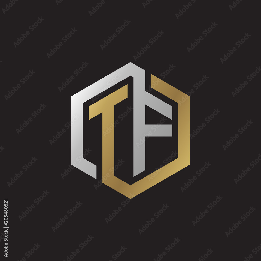 Initial letter TF, looping line, hexagon shape logo, silver gold color on black background Initial letter TF, looping line, hexagon shape logo, silver gold color on black background
