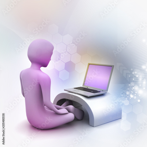3d man in meditation with laptop