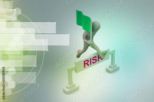 person jumping over word risk with flag