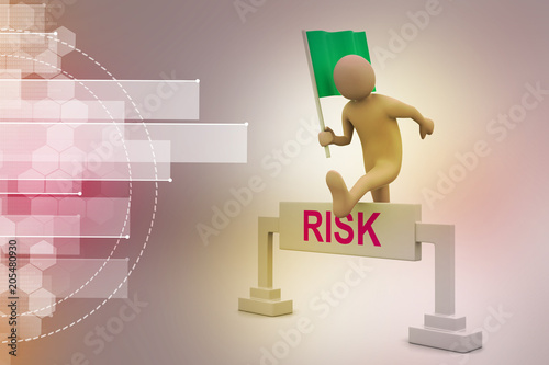 person jumping over word risk with flag