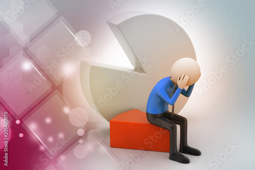 3d man sitting the piece of pie chart