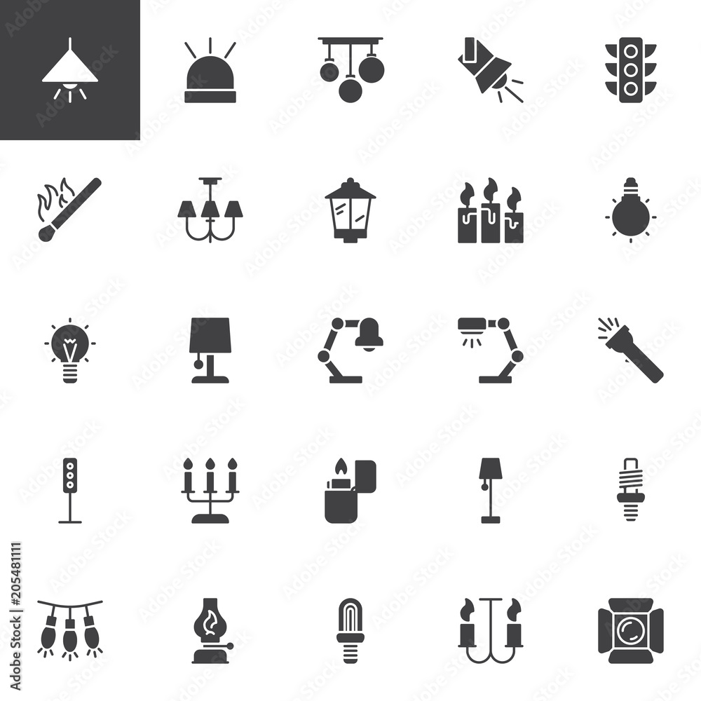 Light vector icons set, modern solid symbol collection, filled style pictogram pack. Signs, logo illustration. Set includes icons as Lamp, Flasher, Traffic, Candles, Lightbulb, Flashlight Lantern Light vector icons set, modern solid symbol collection, filled style pictogram pack. Signs, logo illustration. Set includes icons as Lamp, Flasher, Traffic, Candles, Lightbulb, Flashlight Lantern