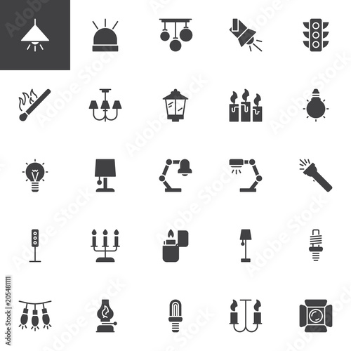 Light vector icons set, modern solid symbol collection, filled style pictogram pack. Signs, logo illustration. Set includes icons as Lamp, Flasher, Traffic, Candles, Lightbulb, Flashlight Lantern