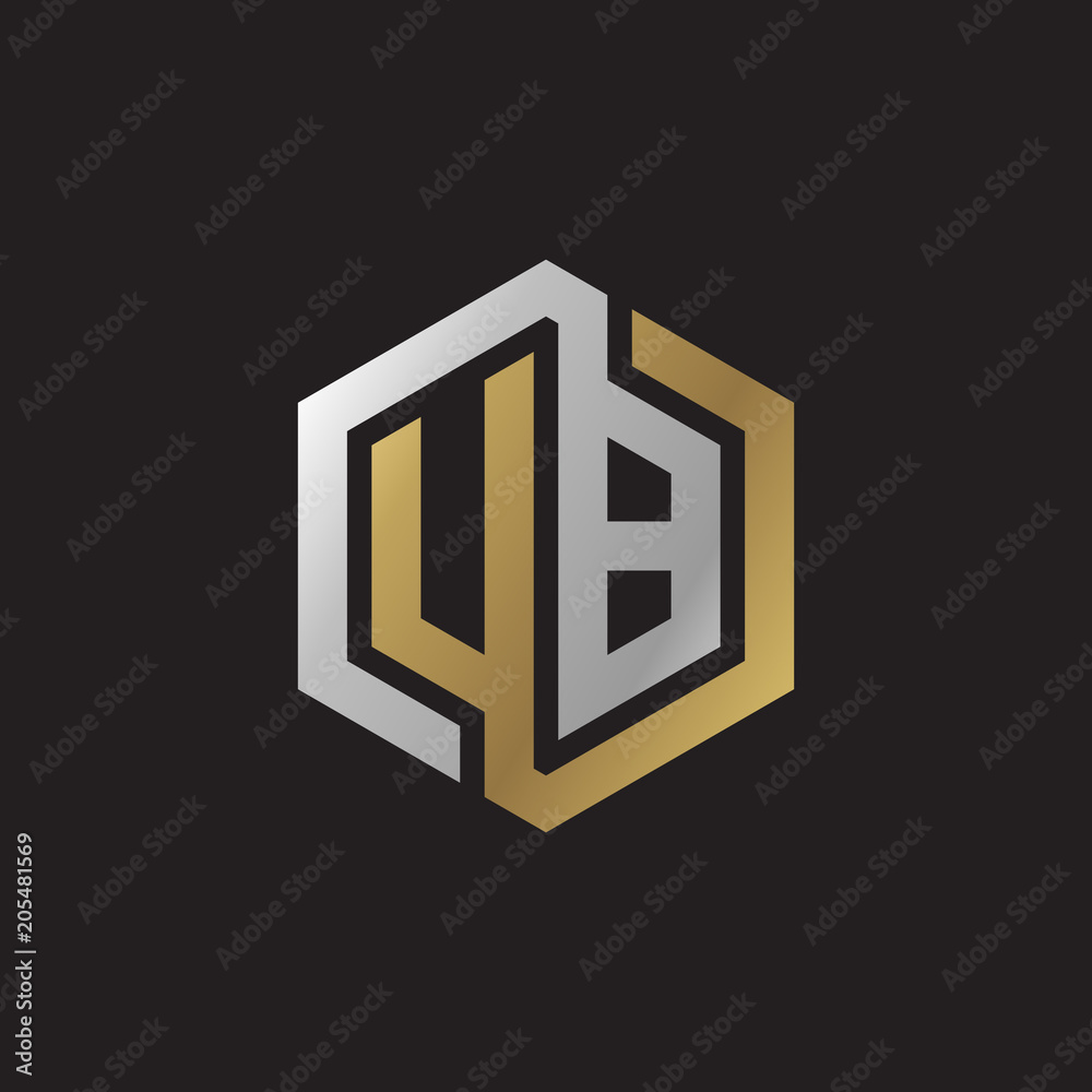 Initial letter UB, looping line, hexagon shape logo, silver gold color on black background Initial letter UB, looping line, hexagon shape logo, silver gold color on black background
