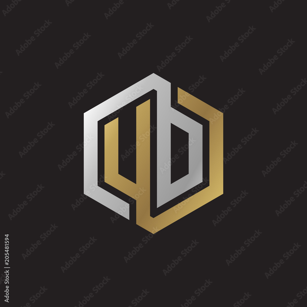 Initial letter UD, UO, looping line, hexagon shape logo, silver gold color on black background Initial letter UD, UO, looping line, hexagon shape logo, silver gold color on black background