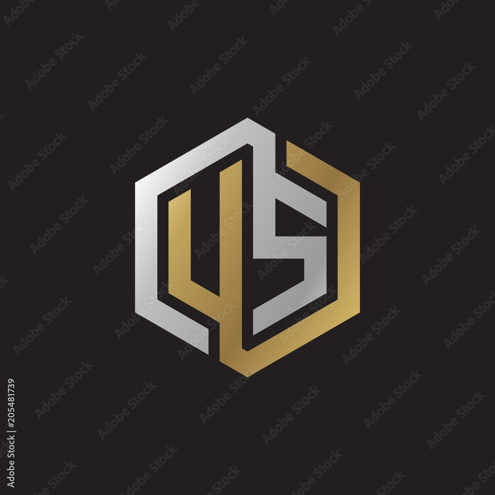Initial letter US, looping line, hexagon shape logo, silver gold color on black background Initial letter US, looping line, hexagon shape logo, silver gold color on black background