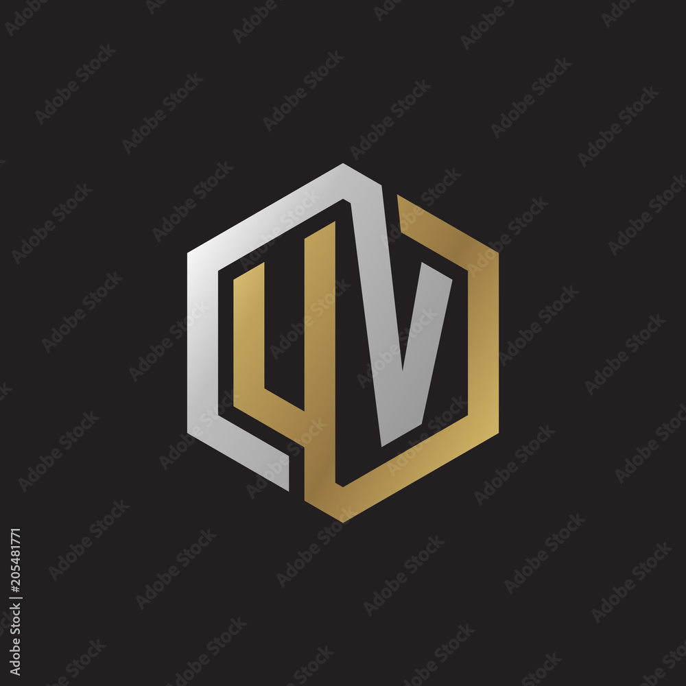 Initial letter UV, looping line, hexagon shape logo, silver gold color on black background Initial letter UV, looping line, hexagon shape logo, silver gold color on black background