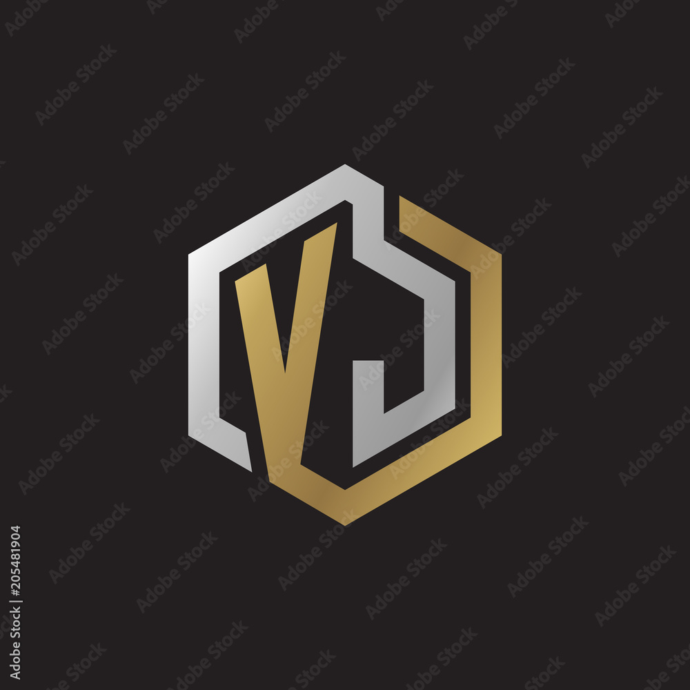 Initial letter VJ, looping line, hexagon shape logo, silver gold color on black background Initial letter VJ, looping line, hexagon shape logo, silver gold color on black background