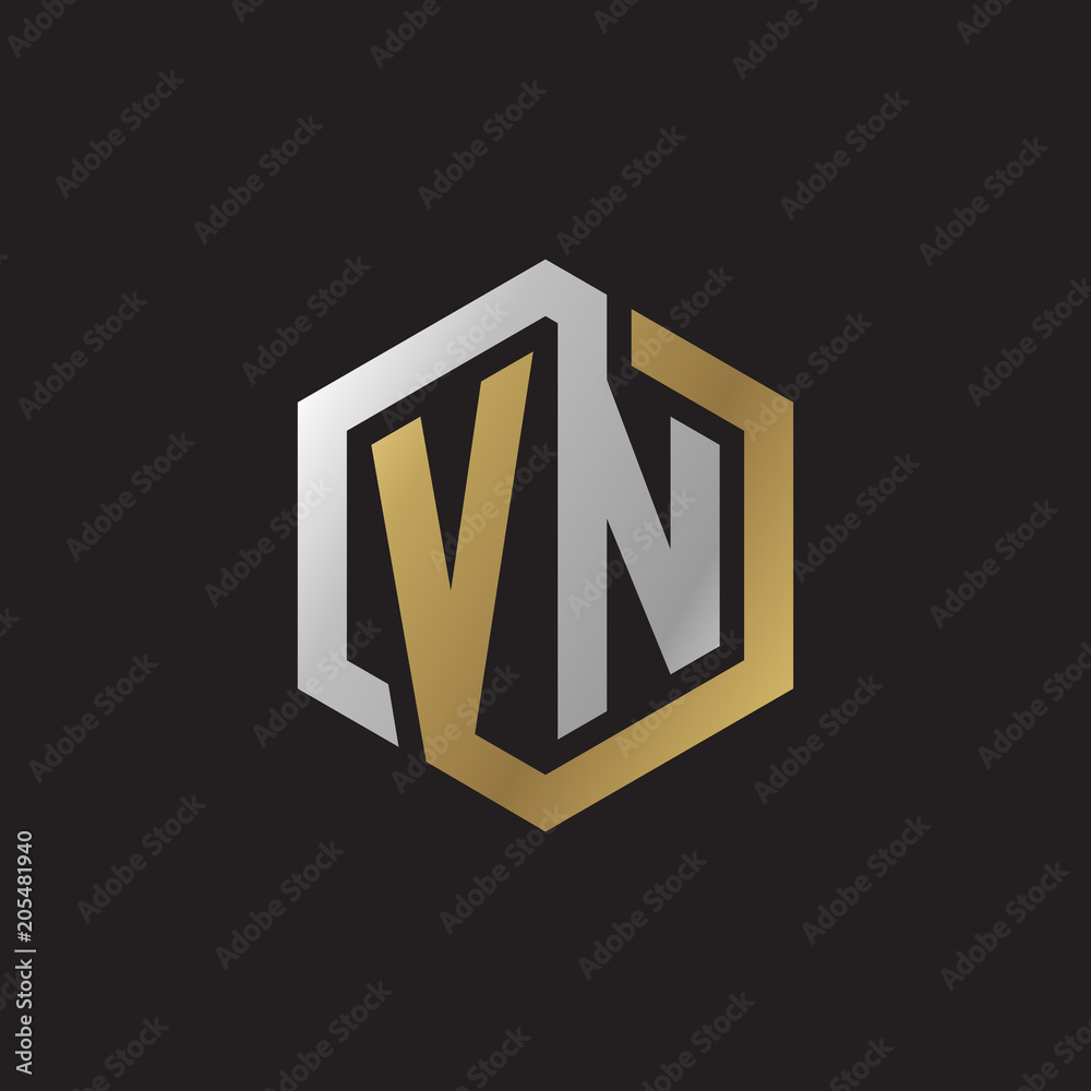 Initial letter VN, looping line, hexagon shape logo, silver gold color on black background Initial letter VN, looping line, hexagon shape logo, silver gold color on black background