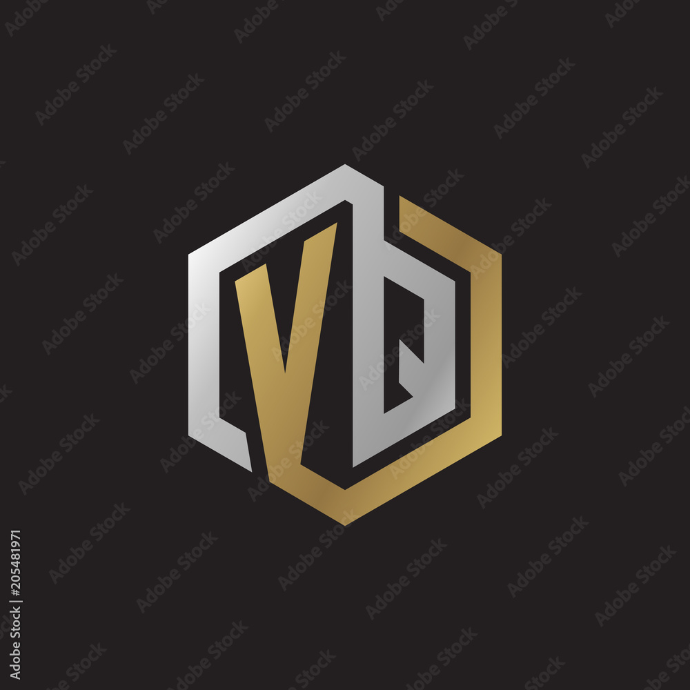 Initial letter VQ, looping line, hexagon shape logo, silver gold color on black background Initial letter VQ, looping line, hexagon shape logo, silver gold color on black background