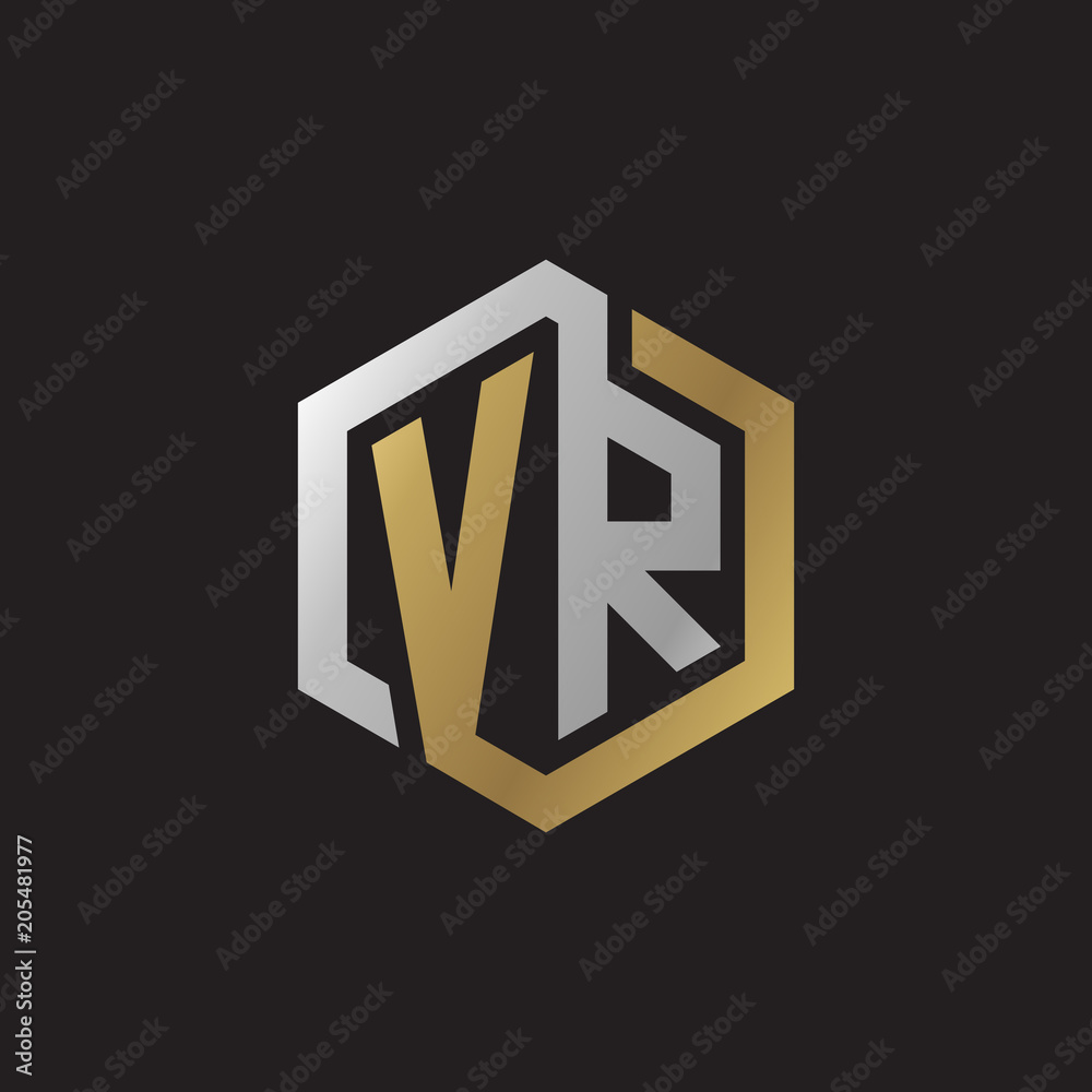 Initial letter VR, looping line, hexagon shape logo, silver gold color on black background Initial letter VR, looping line, hexagon shape logo, silver gold color on black background