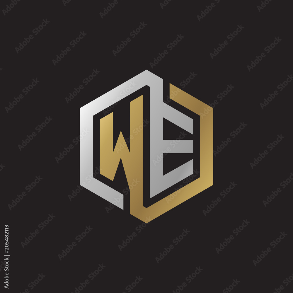 Initial letter WE, looping line, hexagon shape logo, silver gold color on black background Initial letter WE, looping line, hexagon shape logo, silver gold color on black background