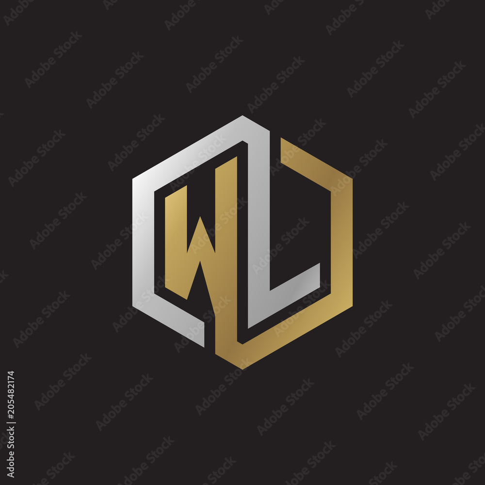Initial letter WL, looping line, hexagon shape logo, silver gold color on black background Initial letter WL, looping line, hexagon shape logo, silver gold color on black background