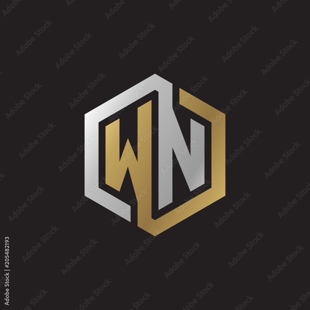Initial letter WN, looping line, hexagon shape logo, silver gold color on black background Initial letter WN, looping line, hexagon shape logo, silver gold color on black background