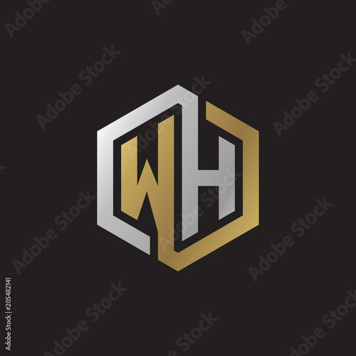 Initial letter WH, looping line, hexagon shape logo, silver gold color on black background photo