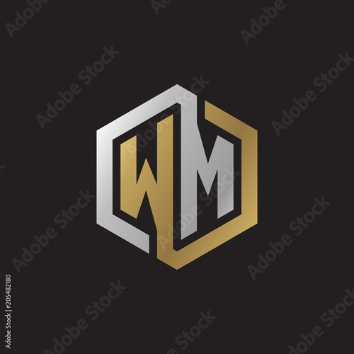 Slika na platnu Initial letter WM, looping line, hexagon shape logo, silver gold color on black