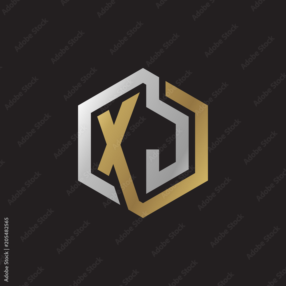 Initial letter XJ, looping line, hexagon shape logo, silver gold color on black background Initial letter XJ, looping line, hexagon shape logo, silver gold color on black background