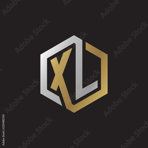 Initial letter XL, looping line, hexagon shape logo, silver gold color on black background