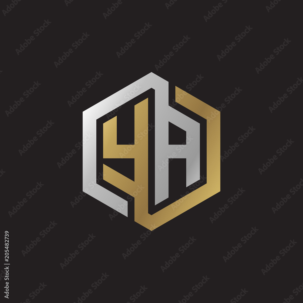 Initial letter YA, looping line, hexagon shape logo, silver gold color on black background Initial letter YA, looping line, hexagon shape logo, silver gold color on black background