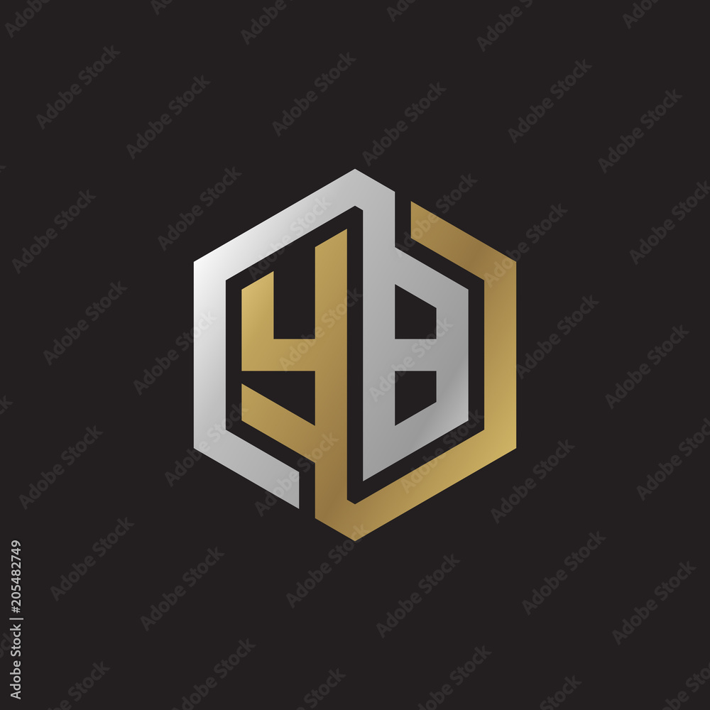 Initial letter YB, looping line, hexagon shape logo, silver gold color on black background Initial letter YB, looping line, hexagon shape logo, silver gold color on black background
