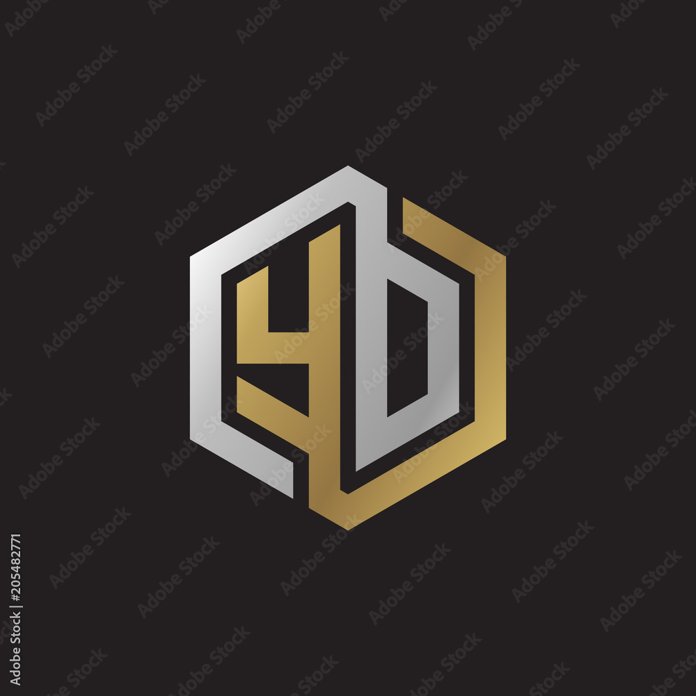 Initial letter YD, YO, looping line, hexagon shape logo, silver gold color on black background Initial letter YD, YO, looping line, hexagon shape logo, silver gold color on black background