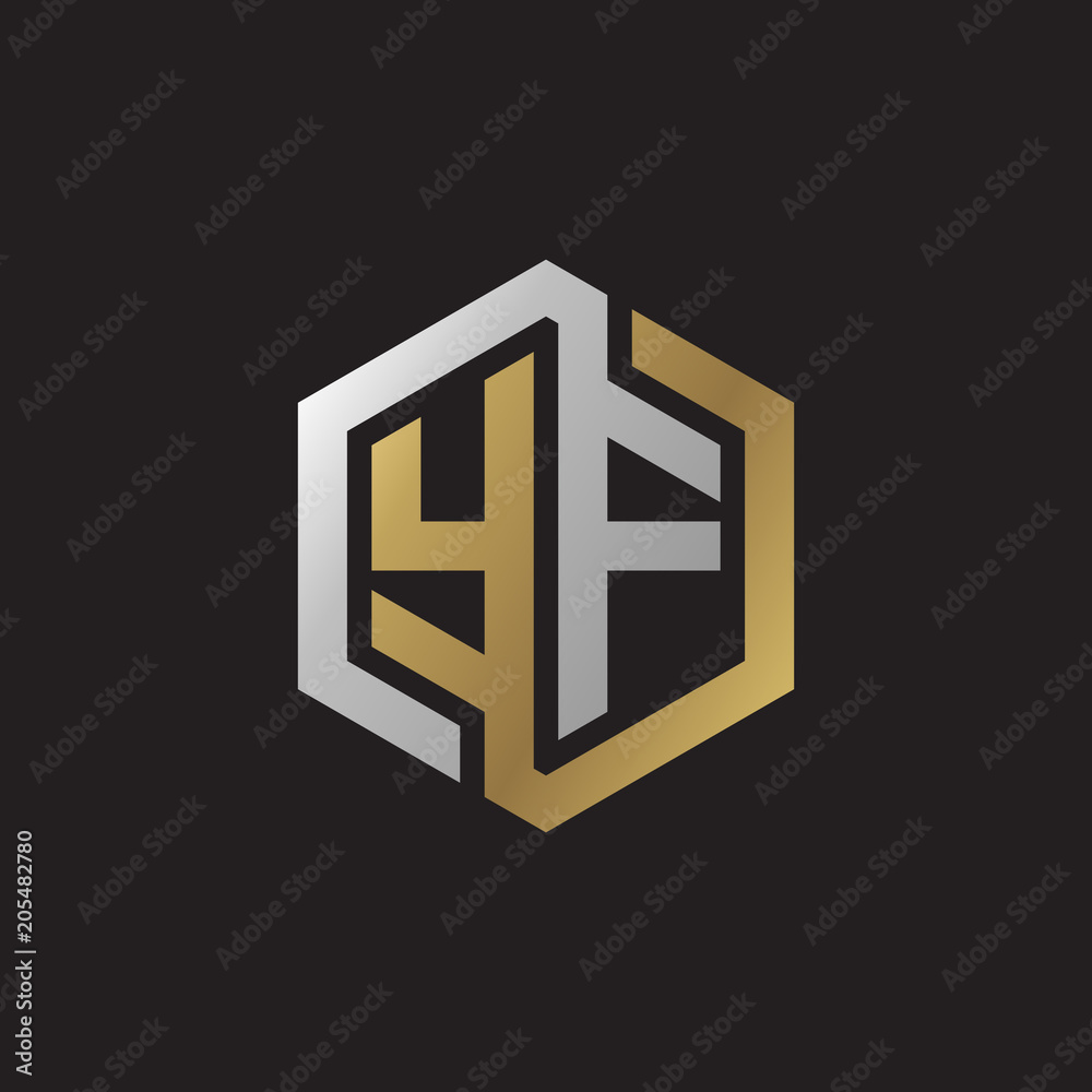 Initial letter YF, looping line, hexagon shape logo, silver gold color on black background Initial letter YF, looping line, hexagon shape logo, silver gold color on black background