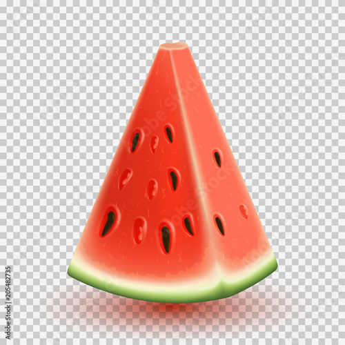 Realistic ripe watermelon slice template. Vector illustration with seasonal summer sweet dessert. Piece of juicy berry isolated on transparent background.