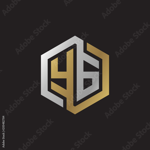 Initial letter YG, looping line, hexagon shape logo, silver gold color on black background