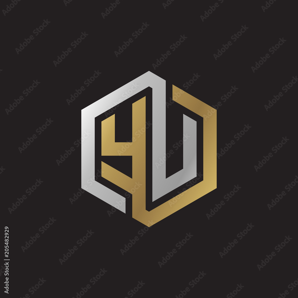 Initial letter YU, looping line, hexagon shape logo, silver gold color on black background Initial letter YU, looping line, hexagon shape logo, silver gold color on black background