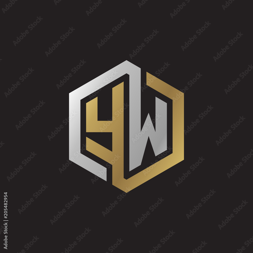 Initial letter YW, looping line, hexagon shape logo, silver gold color on black background Initial letter YW, looping line, hexagon shape logo, silver gold color on black background