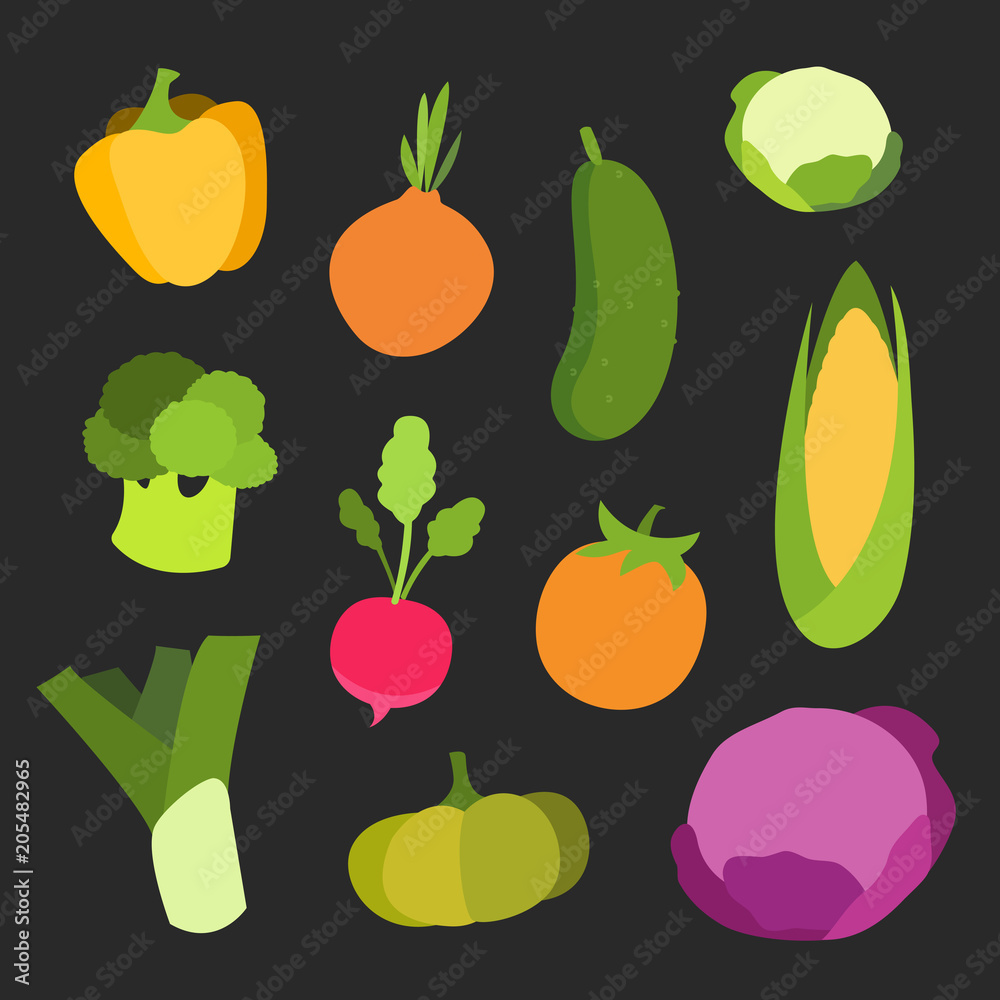 Food icons of different vegetables in flat style on dark background