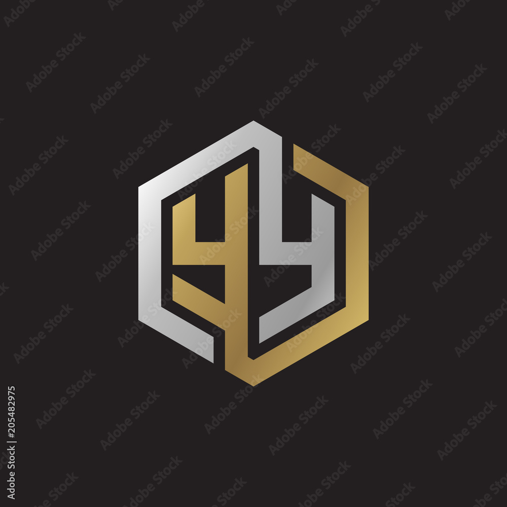Initial letter YY, looping line, hexagon shape logo, silver gold color on black background