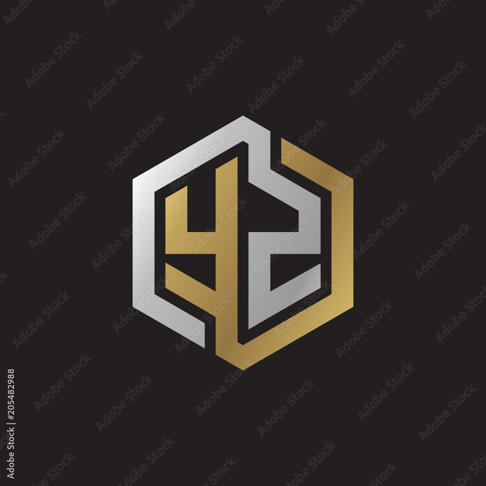 Initial letter YZ, looping line, hexagon shape logo, silver gold color on black background Initial letter YZ, looping line, hexagon shape logo, silver gold color on black background