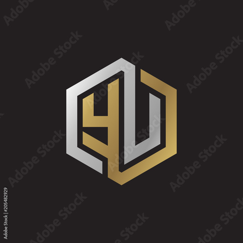 Initial letter YU, looping line, hexagon shape logo, silver gold color on black background