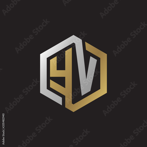 Fototapeta Naklejka Na Ścianę i Meble -  Initial letter YV, looping line, hexagon shape logo, silver gold color on black background