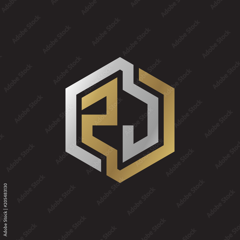 Initial letter ZJ, looping line, hexagon shape logo, silver gold color on black background Initial letter ZJ, looping line, hexagon shape logo, silver gold color on black background
