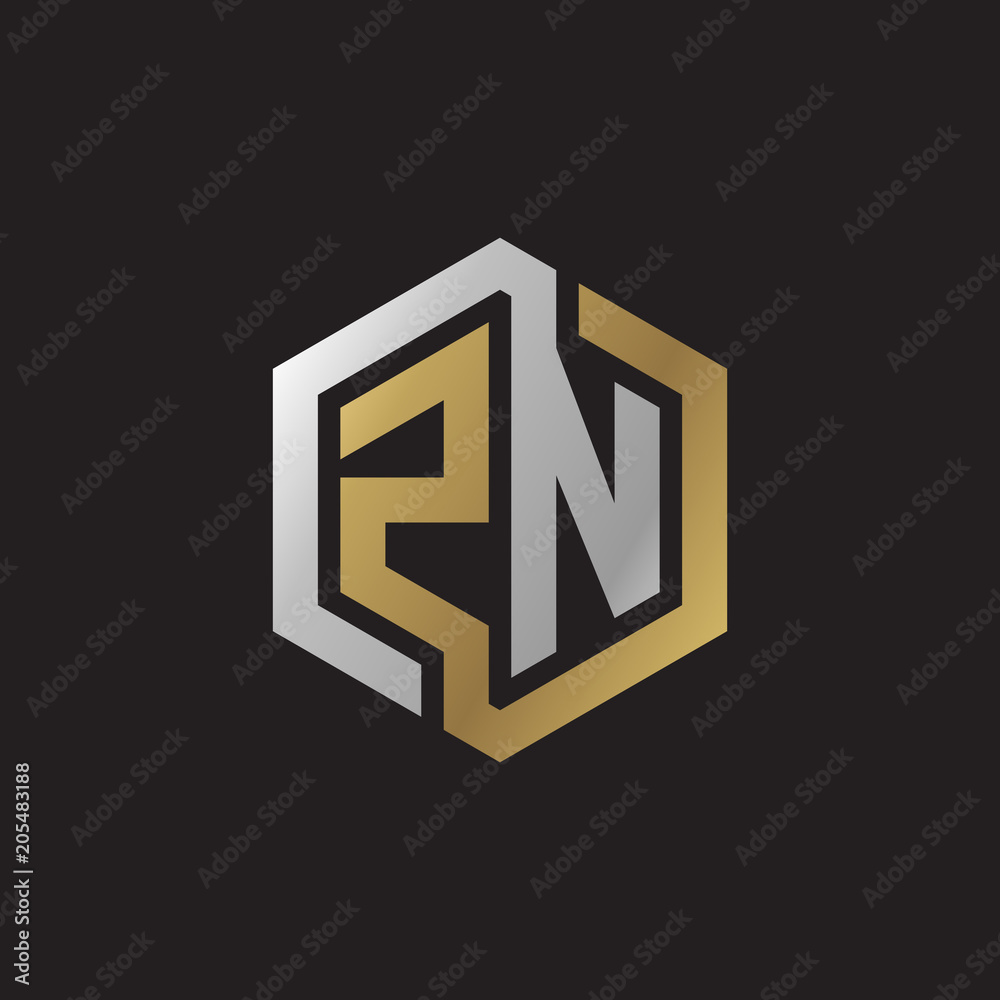 Initial letter ZN, looping line, hexagon shape logo, silver gold color on black background Initial letter ZN, looping line, hexagon shape logo, silver gold color on black background