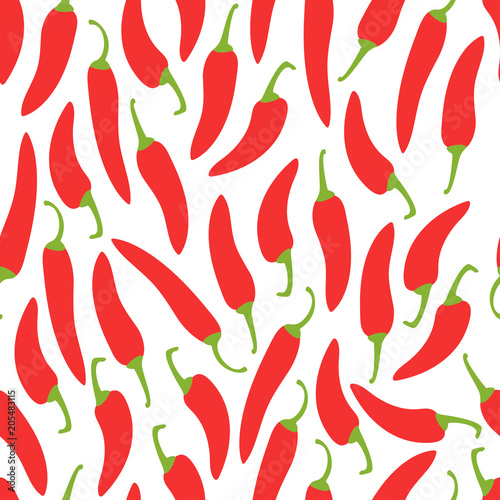 Seamless pattern with red hot chile peppers on white background. Flat vector illustration of chili peppers.