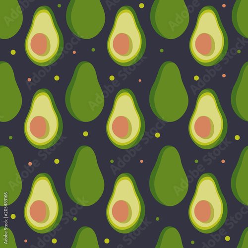 Seamless vector pattern with avocado and circle on a black background.