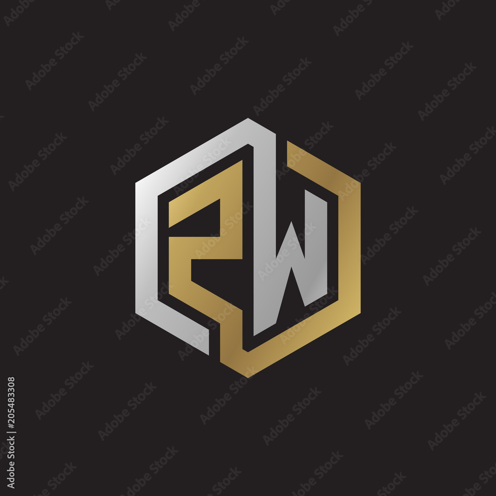 Initial letter ZW, looping line, hexagon shape logo, silver gold color on black background Initial letter ZW, looping line, hexagon shape logo, silver gold color on black background