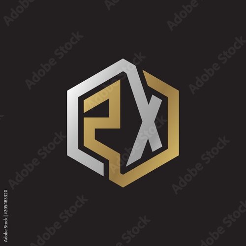 Fototapeta Naklejka Na Ścianę i Meble -  Initial letter ZX, looping line, hexagon shape logo, silver gold color on black background