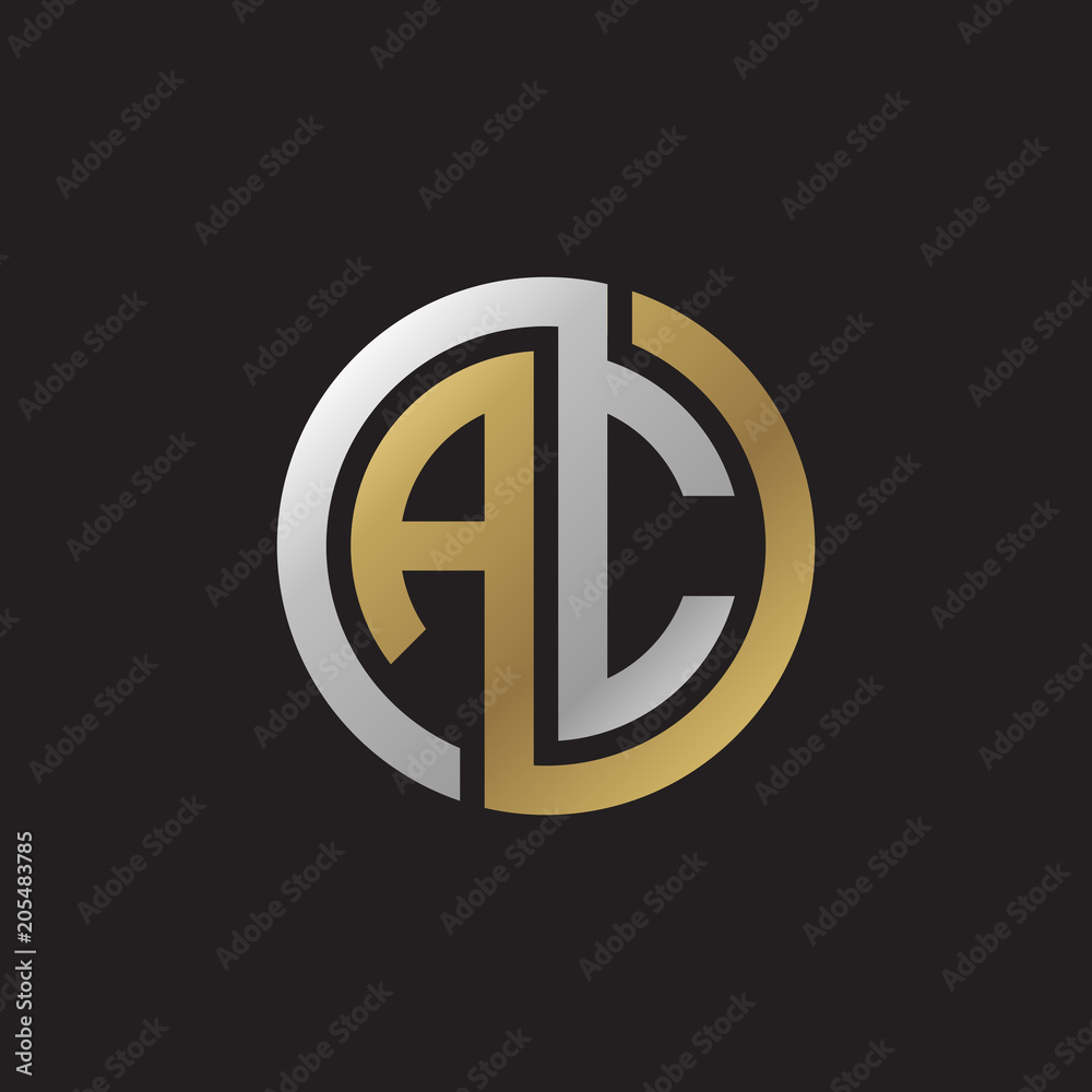 Initial letter AC, looping line, circle shape logo, silver gold color on black background Initial letter AC, looping line, circle shape logo, silver gold color on black background