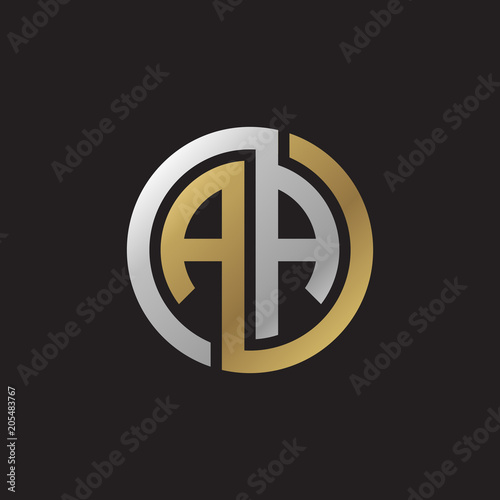 Initial letter AA, looping line, circle shape logo, silver gold color on black background photo