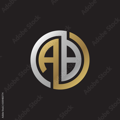 Initial letter AB, looping line, circle shape logo, silver gold color on black background