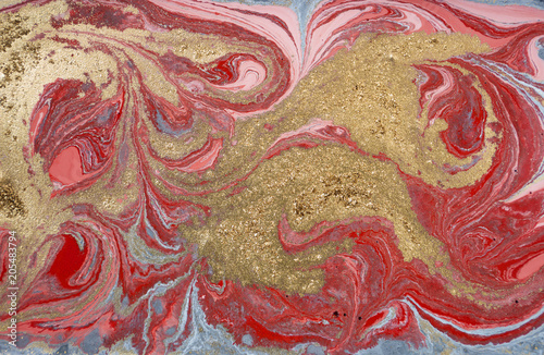 Marble abstract acrylic background. Pink and blue marbling artwork texture. Agate ripple pattern. Gold powder.