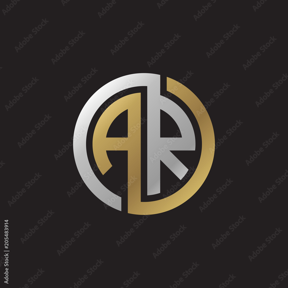 Initial letter AR, looping line, circle shape logo, silver gold color ...