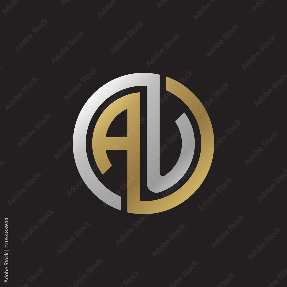 Initial letter AU, looping line, circle shape logo, silver gold color on black background Initial letter AU, looping line, circle shape logo, silver gold color on black background