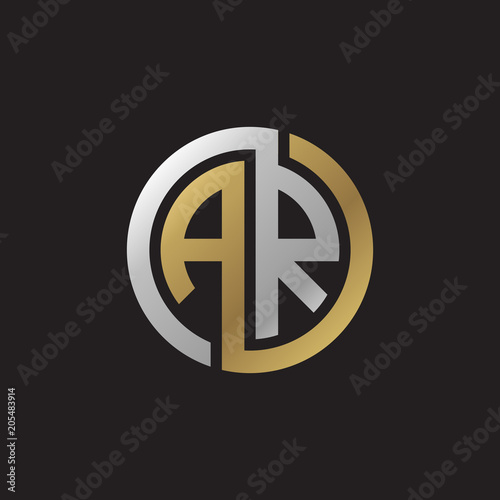 Initial letter AR, looping line, circle shape logo, silver gold color on black background