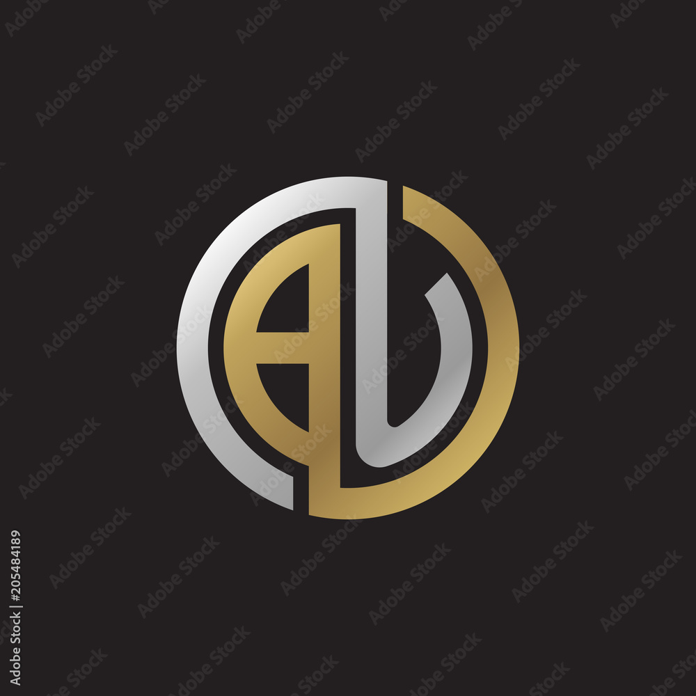 Initial letter BU, looping line, circle shape logo, silver gold color on black background Initial letter BU, looping line, circle shape logo, silver gold color on black background